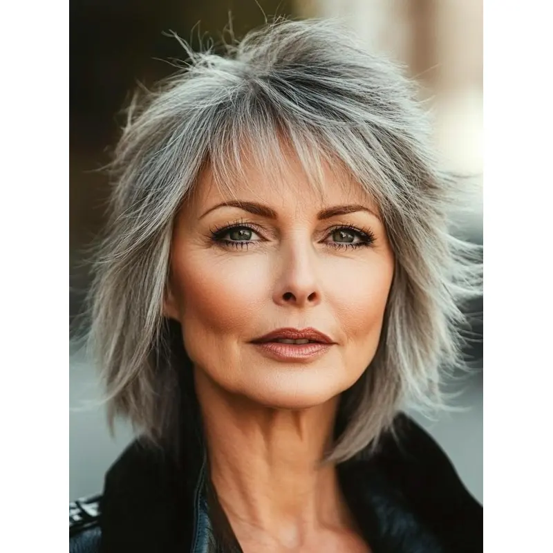 Grey Wigs With Bangs Synthetic Shoulder Length Lace Front 12" Straight Wigs