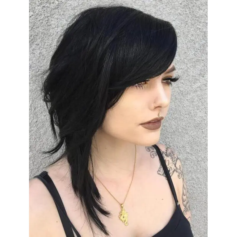 Long Black Wig Straight Lace Front Black Synthetic Layered Long Bangs Bob Wigs