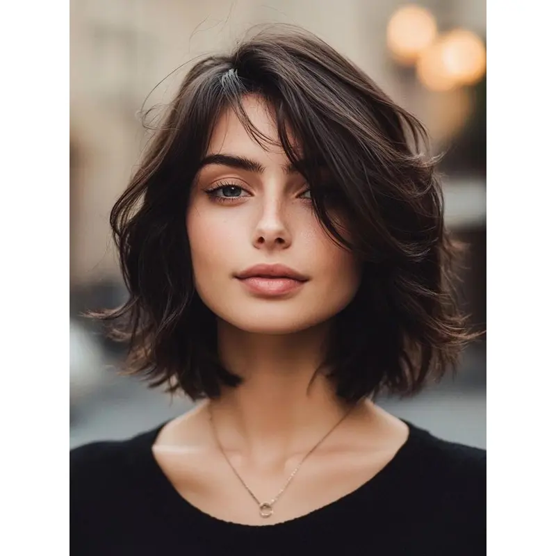 Wavy Bob Wigs Black 12" Shoulder Length Monofilament Remy Human Hair Wigs