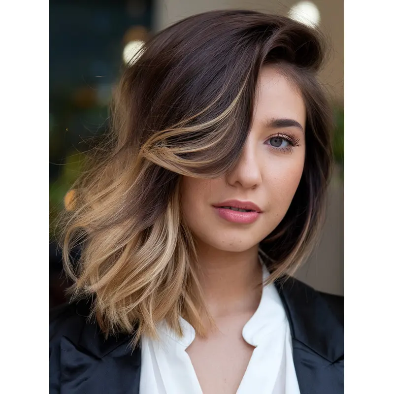 Wavy Human Hair Wig Medium Ombre/2 tone Shoulder Length 12" Layered Wigs