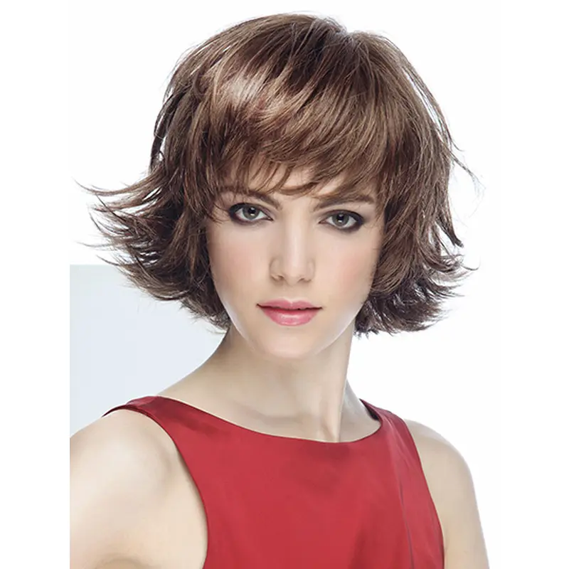 Wavy Short Brown Synthetic With Bangs Mono Wigs