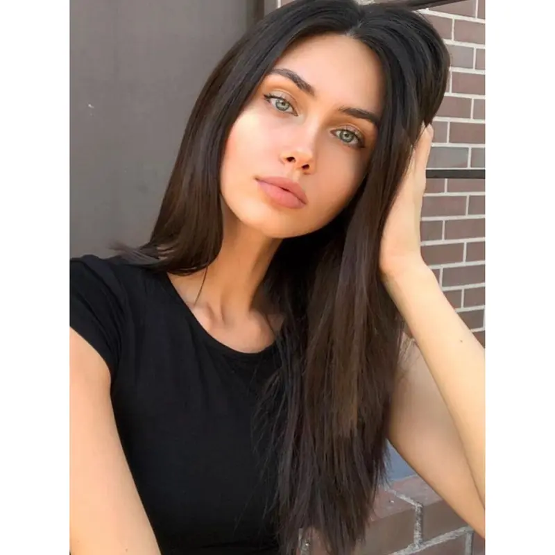 16" Remy Human Hair Lace Front Black Long Wig