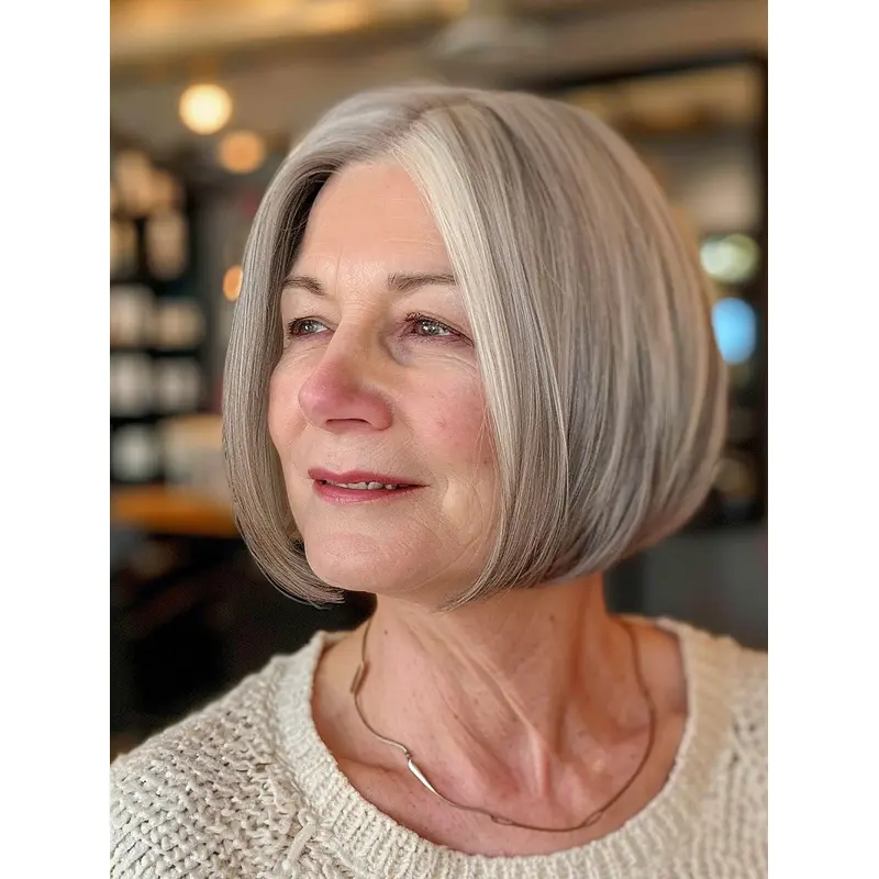 Human Grey Hair Wigs 10" Bobs Monofilament Straight Chin Length Wigs