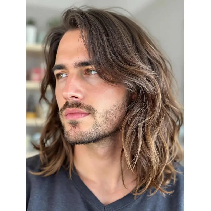 Mens Cancer Wigs Synthetic Wavy Layered Shoulder Length Wigs
