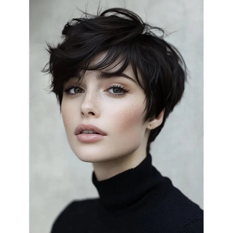 Short Pixie Human Hair Wigs 8" Boycuts Black Monofilament Straight Wigs
