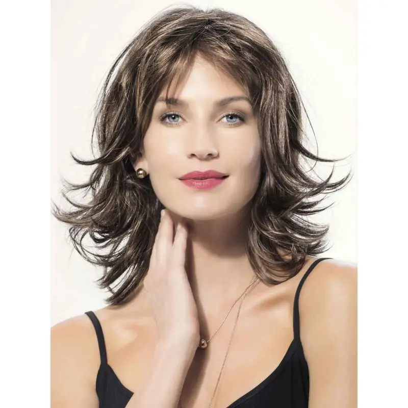 Wavy Brown Shoulder Length Synthetic Suitable Monofilament Wigs
