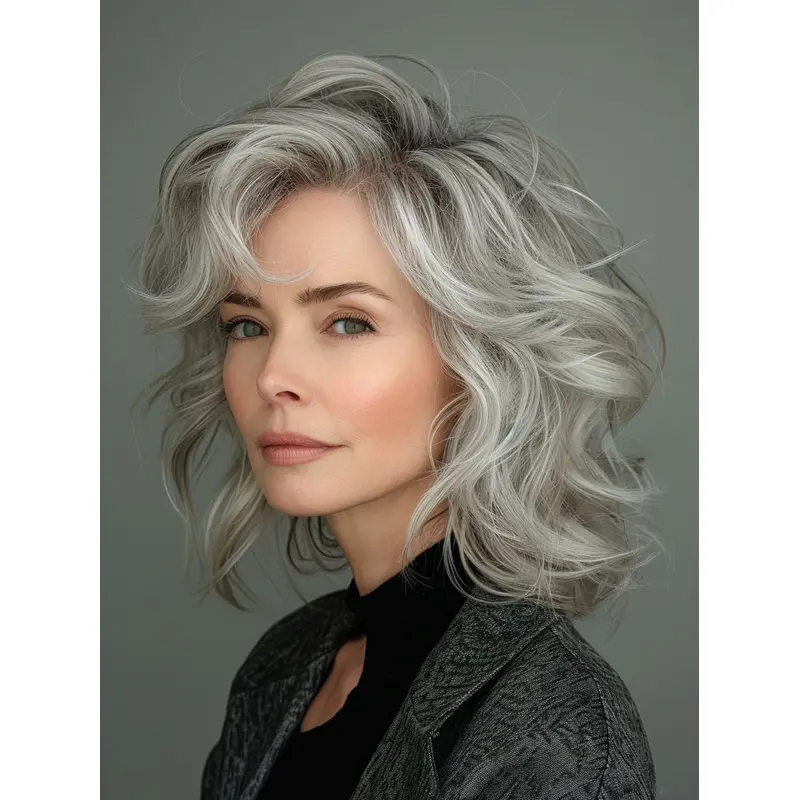 Wigs Silver Grey 12" Synthetic Wavy Bobs Shoulder Length Monofilament Wigs
