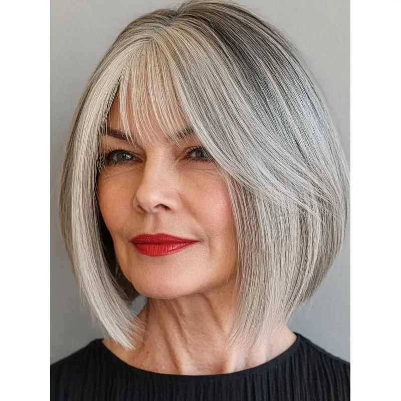 Grey Bob Haircut Wigs Monofilament 10" Straight Remy Human Hair Wigs