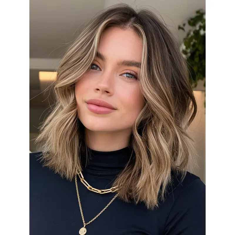 Human Hair Mid Length Wigs For Women Monofilament 12" Wavy Layered Wigs