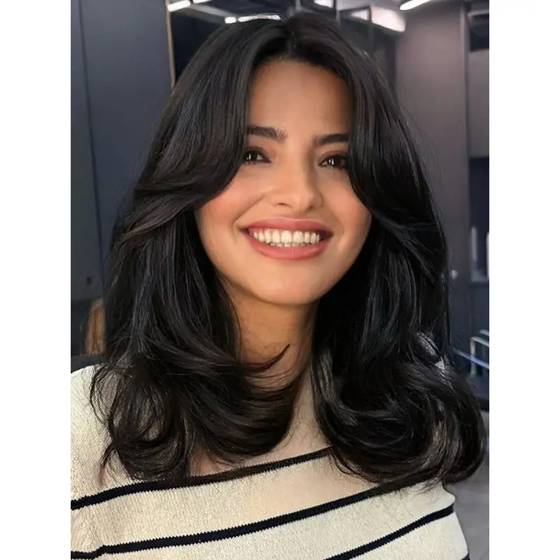 Long Black Wig Human Hair 16" Monofilament Layered Wigs