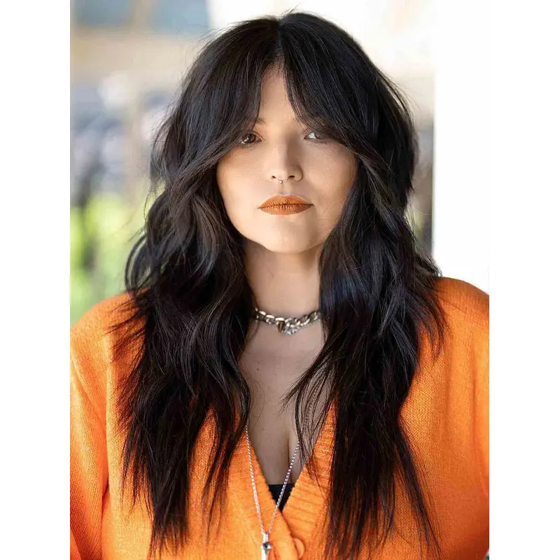 Long Black Wig Human Hair Wavy Monofilament Layered 20" Wigs