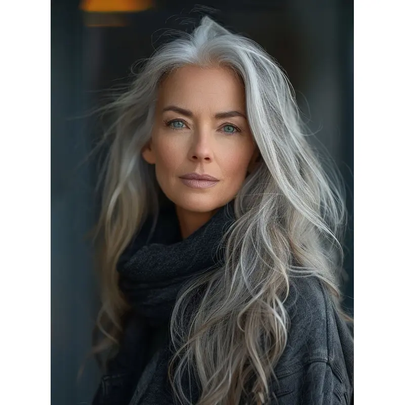 Long Grey Hair Wig Without Bangs Synthetic 24" Straight Monofilament Wigs