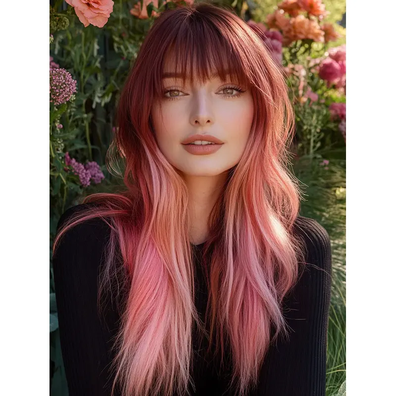 Long Shag Wig Synthetic With Bangs Wavy Monofilament Wigs