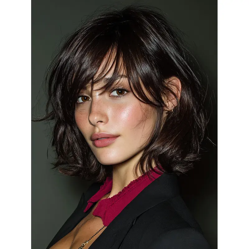 Medium Length Black Wig Wavy 10" With Bangs Monofilament Wigs