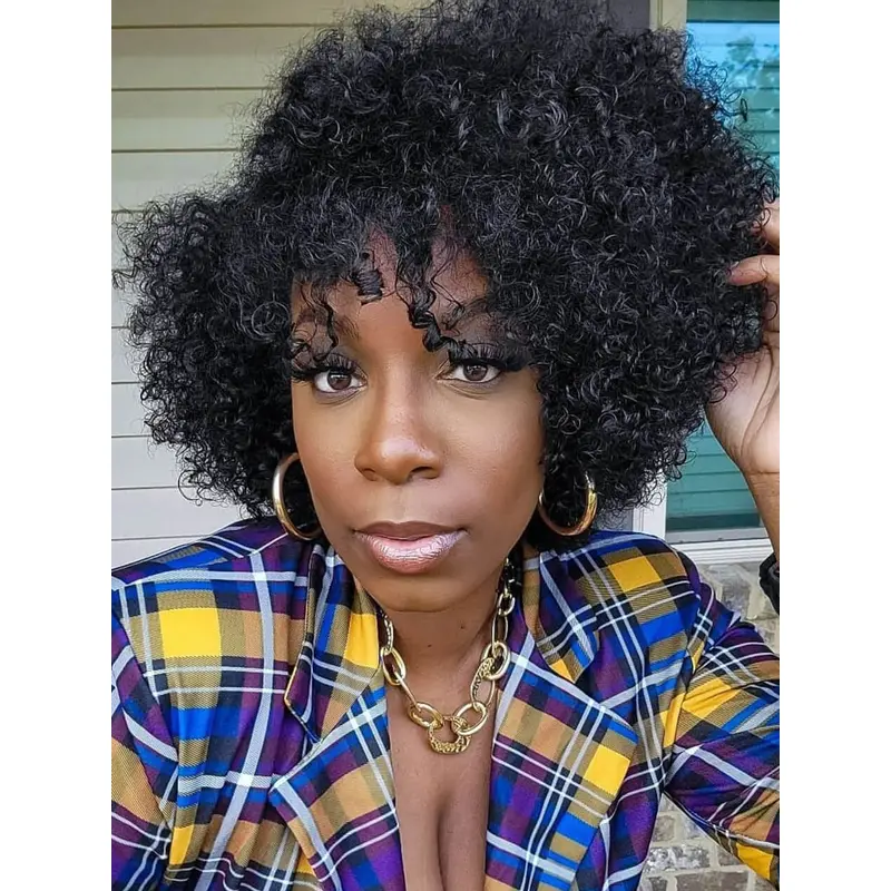 Real Human Hair Wigs African American Chin Length With Bangs Monofilament Wigs