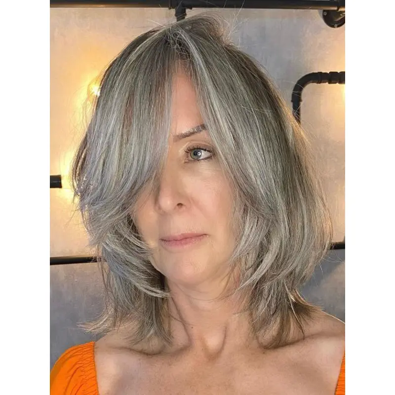 Wig Grey Hair Straight Layered 14" Lace Front Shoulder Length Synthetic Wigs