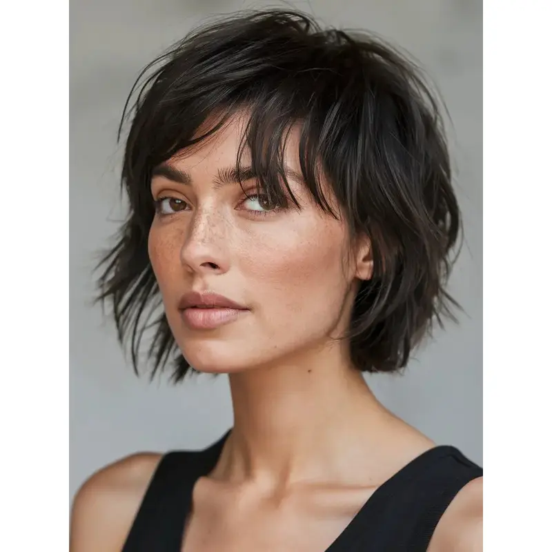 Black Bob Hair Styles Wigs 10" Wavy Remy Human Hair With Bangs Wigs