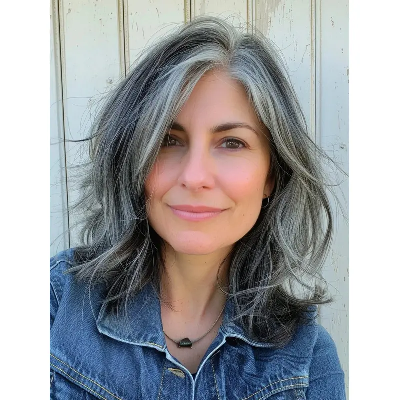 Dark Grey Wig 14" Lace Front Remy Human Hair Layered Shoulder Length Straight Wigs