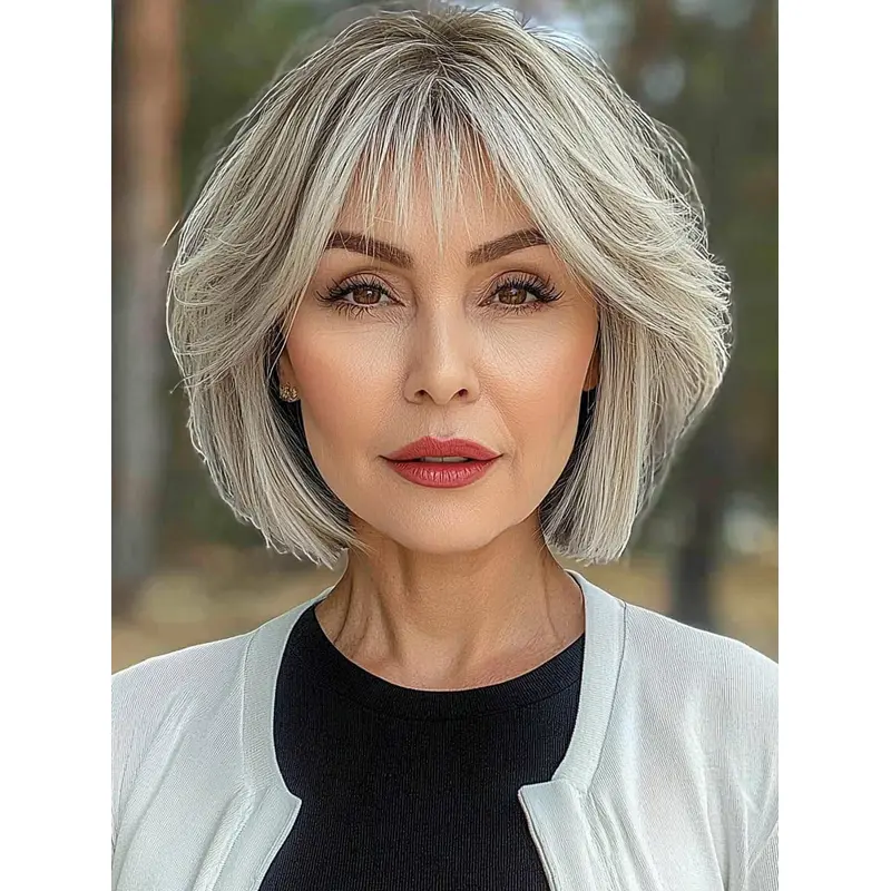 Grey Bob Wig With Bangs Monofilament Chin Length Wigs