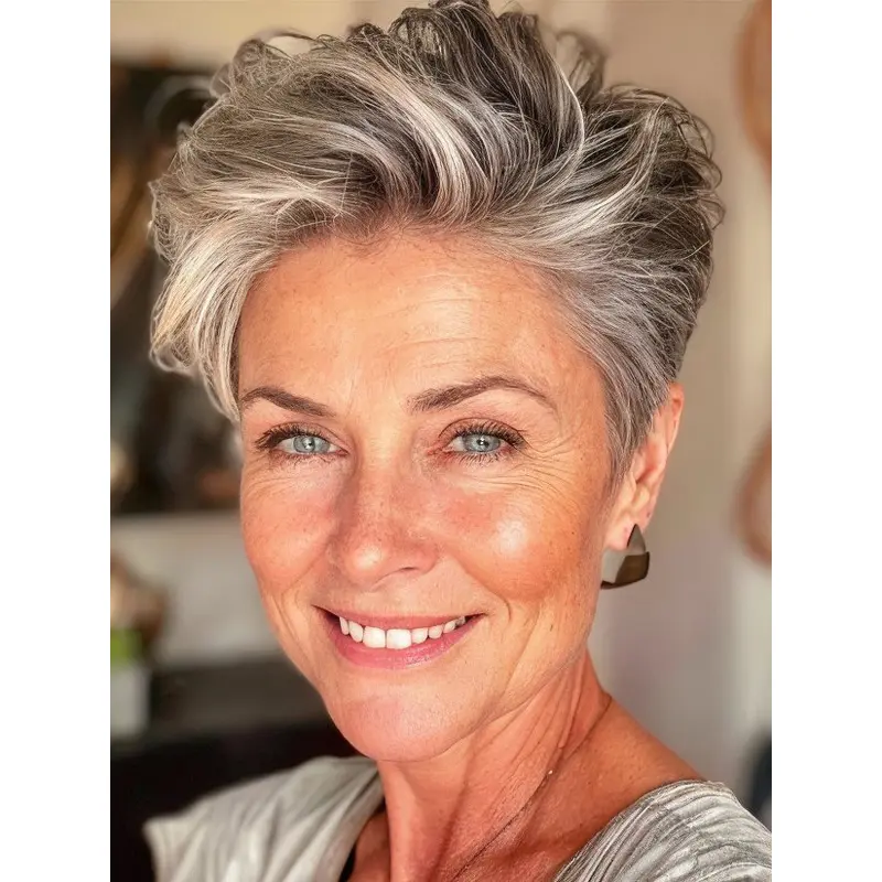 Human Hair Gray Short Wigs Monofilament Wavy Wigs