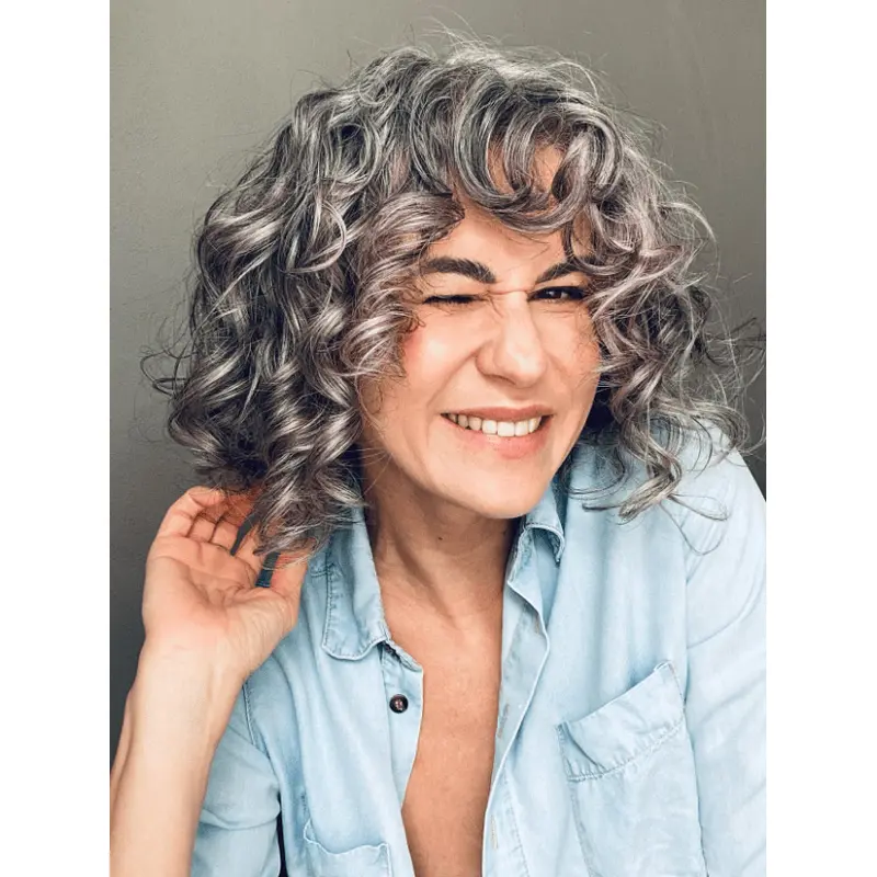 Human Hair Wigs Grey Wigs 12" Shoulder Length Curly Monofilament Wigs