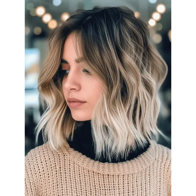 Medium Length Bob Wig Monofilament 12" Straight Remy Human Hair Ombre/2 Tone Wigs