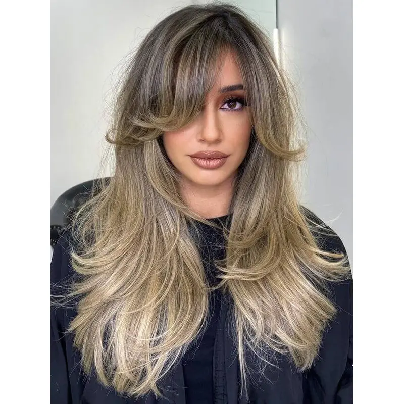 Wigs Human Hair Long 18" Lace Front With Bangs Wigs