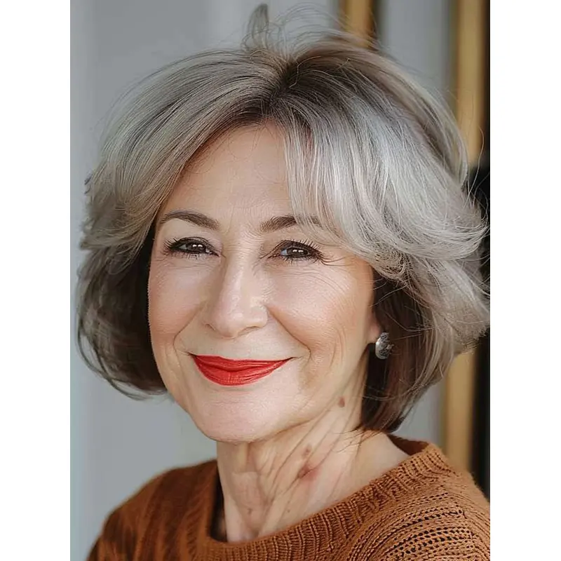 Grey Haired Wigs Bobs Lace Front Remy Human Hair 12" Straight Wigs