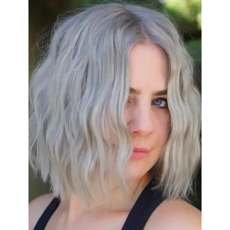 Grey Wigs Without Bangs Shoulder Length Wigs Lace Front Synthetic Bob Wigs
