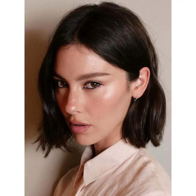 Medium Length Straight Wig Remy Human Hair Bobs Monofilament 12" Black Wigs