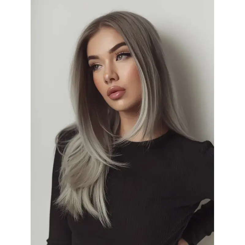 Grey Hair Wigs Without Bangs Long Monofilament 20" Straight Synthetic Wigs