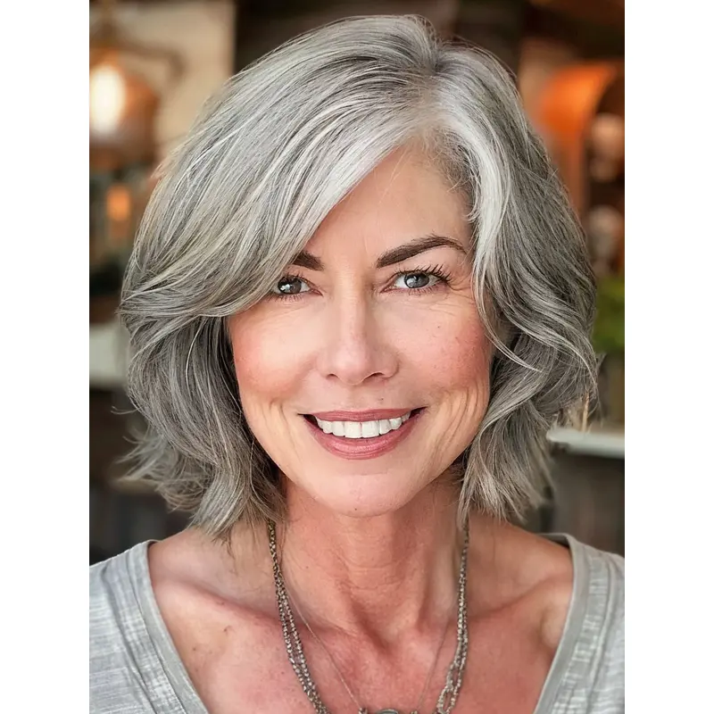 Grey Ladies Wigs Bobs Monofilament Remy Human Hair Wavy Wigs