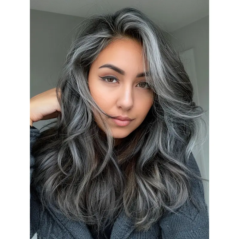 Grey Long Hair Wig Wavy Without Bangs 18" Lace Front Wigs