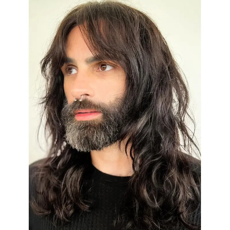 Long Hair Mens Wigs With Bangs 16" Wavy Lace Front Black Wigs