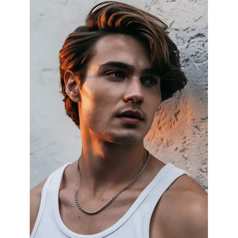 Mens Human Hair Wigs Layered Monofilament 6" Wavy Wigs