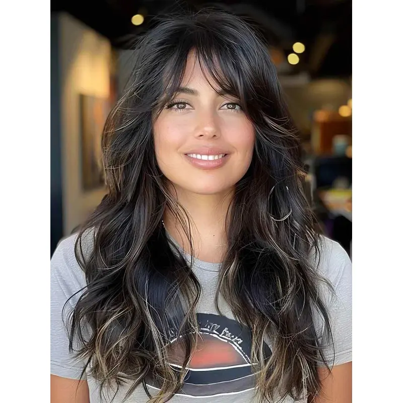 Monofilament With Bangs 18" Wavy Black Wig Long