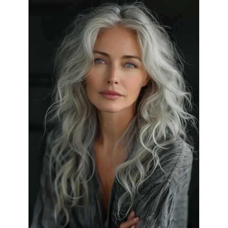 Wigs With Grey Hair Long 20" Wavy Without Bangs Monofilament Wigs