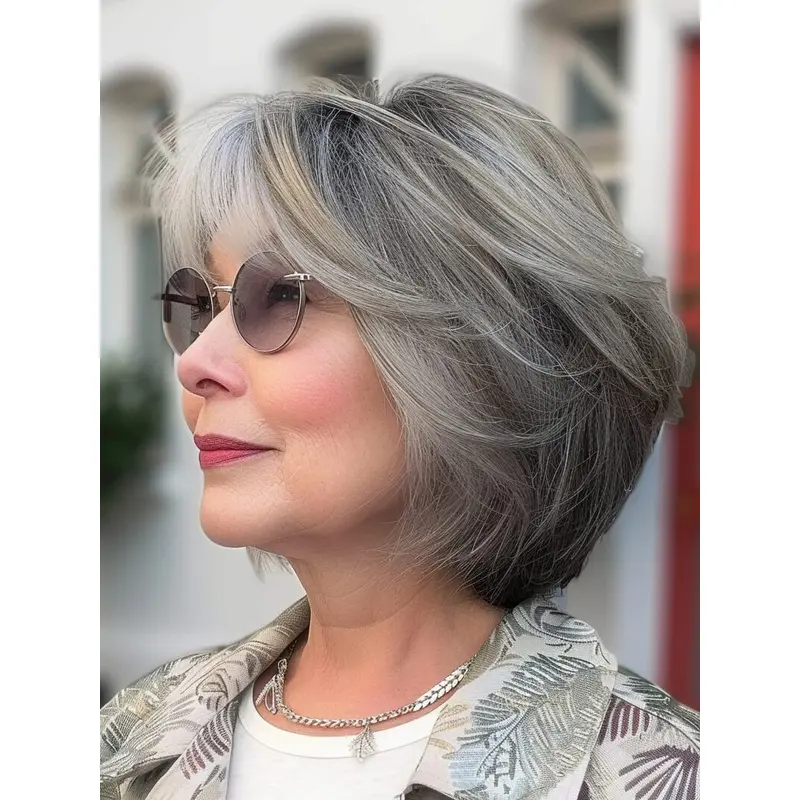 Human Hair Grey Wigs Bobs Straight 12" Lace Front Shoulder Length Wigs