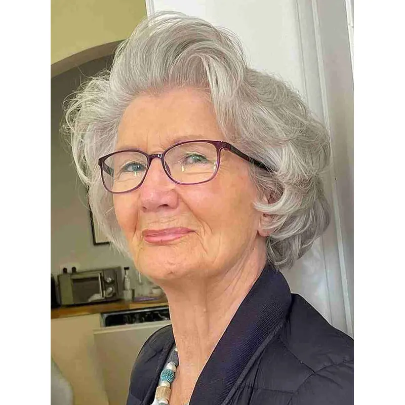 Ladies Short Grey Wigs Wavy Without Bangs 8" Remy Human Hair Wigs