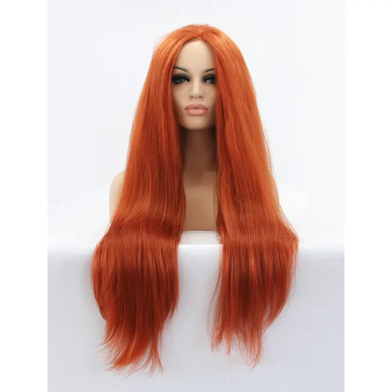 Long Auburn Without Bangs 32" Lace Front Straight Synthetic Wigs