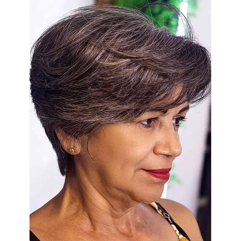 Short Gray Wigs Synthetic Soft Women Easy Dressing Pixie Wigs Party