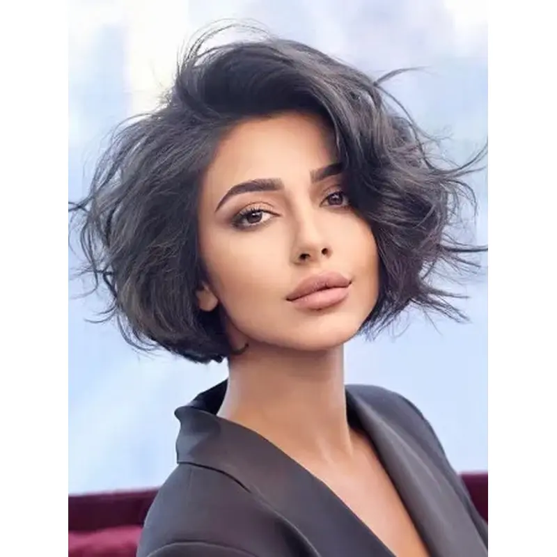Black Bob Wig Soft Lace Shoulder Length Wigs Wavy Side Part Synthetic Wigs
