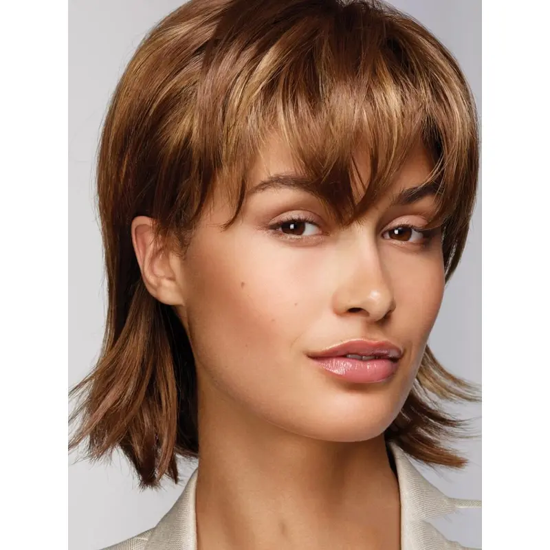 Chin Length Monofilament Brown Straight With Bangs Realistic Looking Synthetic Wigs