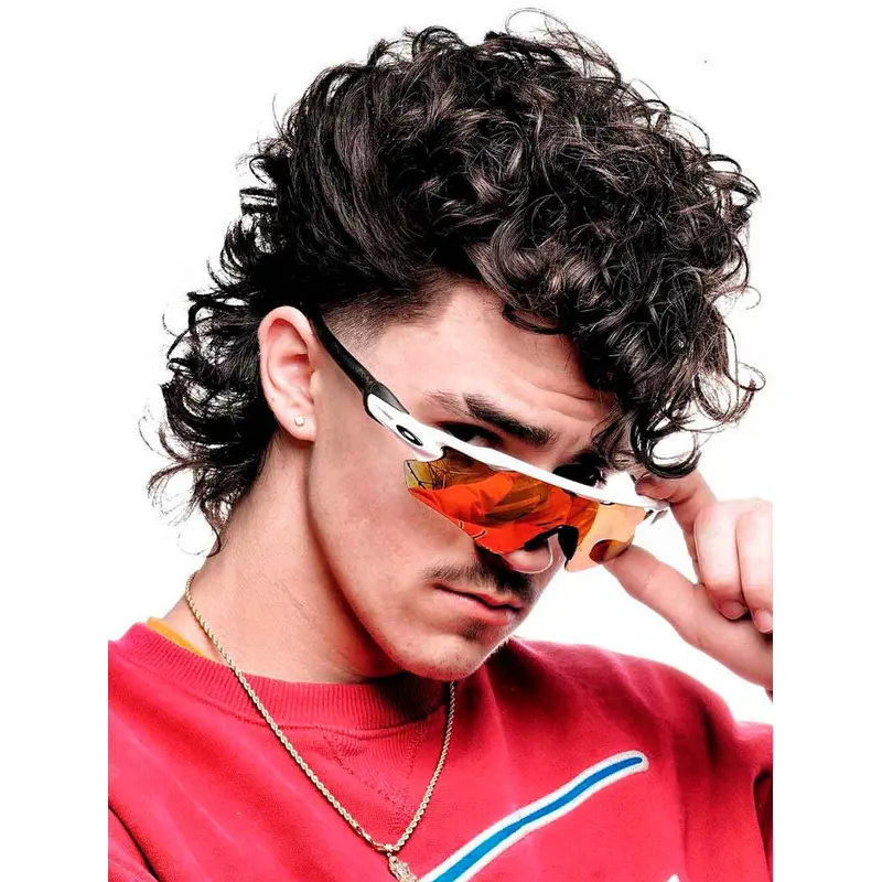 Monofilament Black Curly Remy Human Hair Medium Pit Viper Mullet Men Wigs