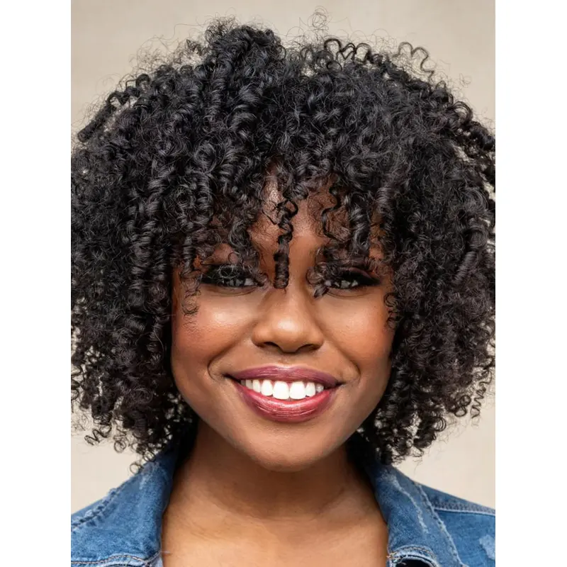 African American Human Hair Lace Front Wigs Chin Length Kinky 10" With Bangs Wigs