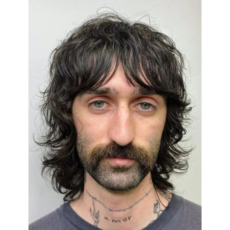 Curly Monofilament Remy Human Hair Black Long 70s Shag Men Wigs