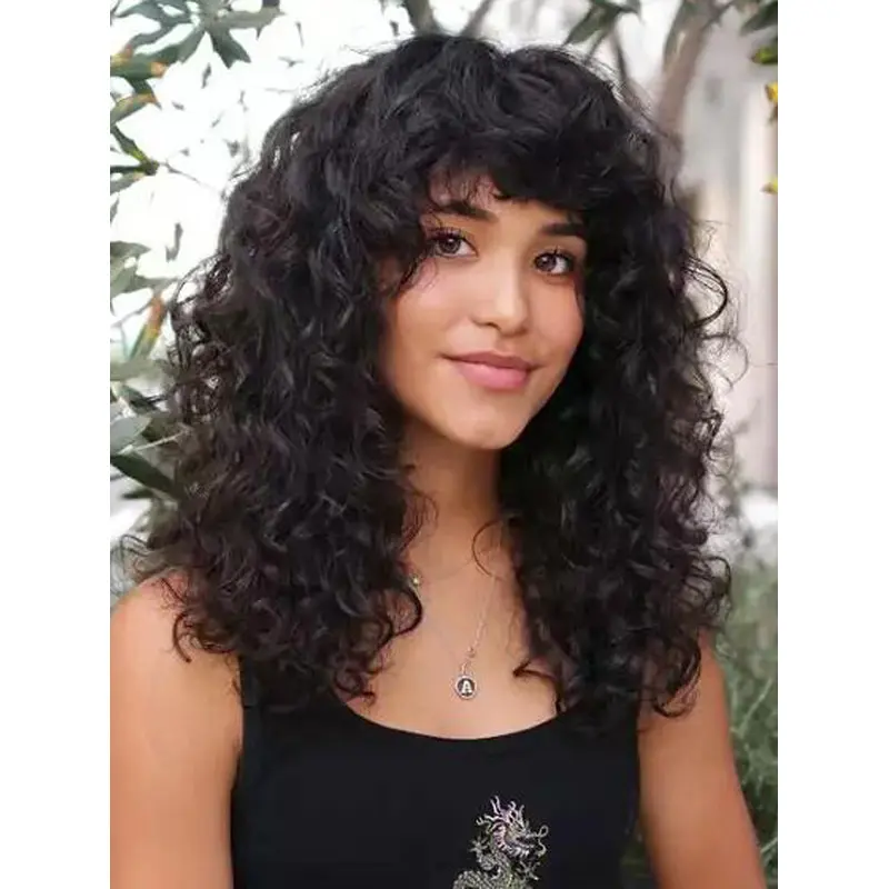 Long Black Curly Wig Curly Synthetic Lace Front Cropped Bangs Wigs