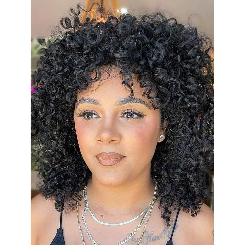 African American Lace Front Wigs Shoulder Length Curly 12" With Bangs Wigs