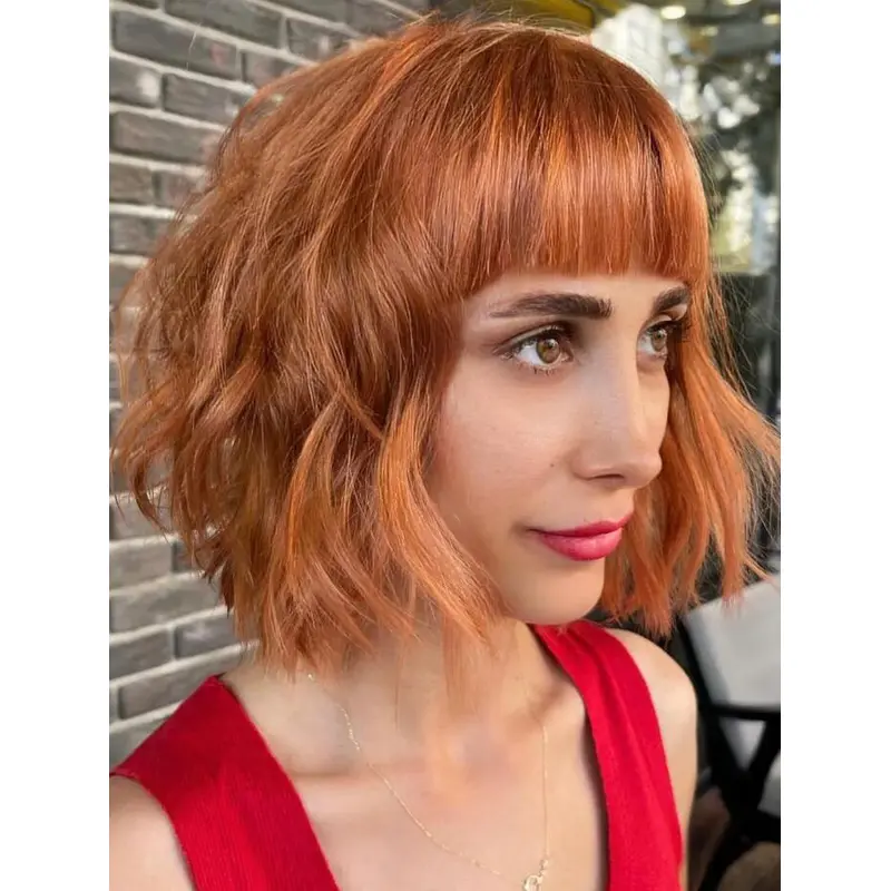 Lace Front Wigs Wavy Synthetic Auburn Wigs With Bangs Bob Wigs