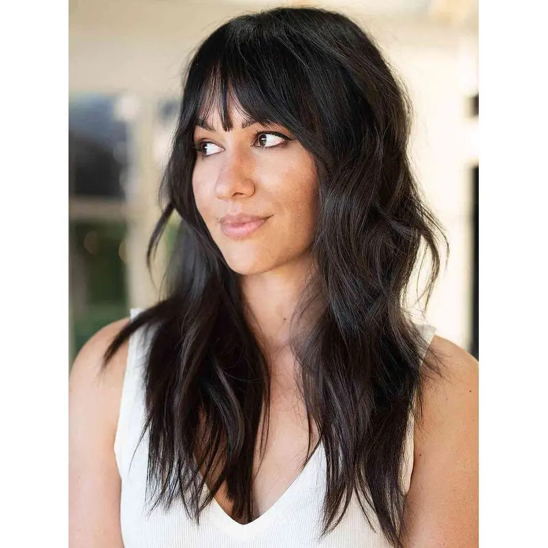 Black Long Wig With Bangs Wavy Monofilament 16" Wigs